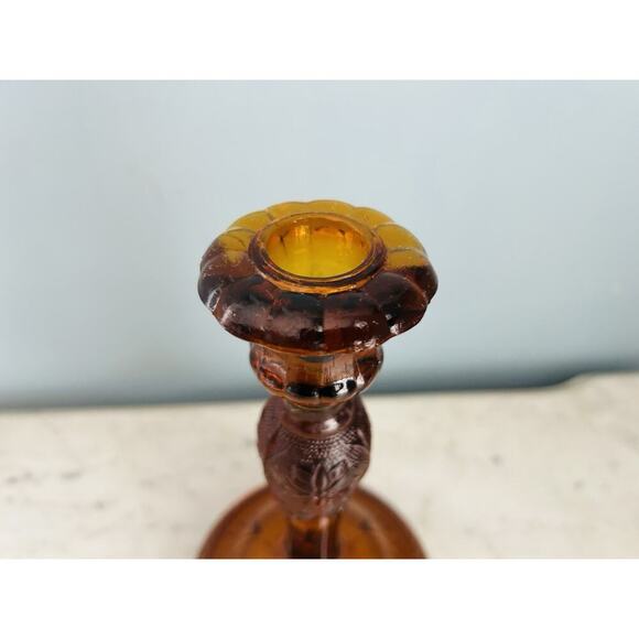 Vintage 8.5” T Tierra Amber Brown Press Cut Glass Candlestick Holder Home Decor - Picture 15 of 16